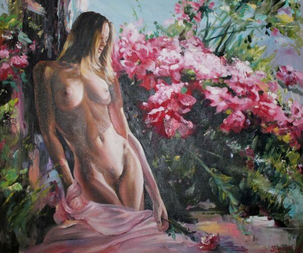 Гола Жена и цветя, маслени бои, картина