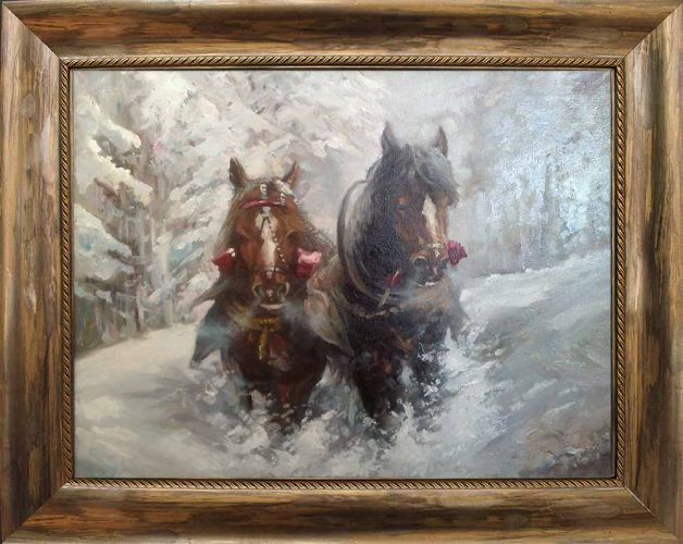 Peizaj, kone v zimata Зимен пейзаж с коне, картина